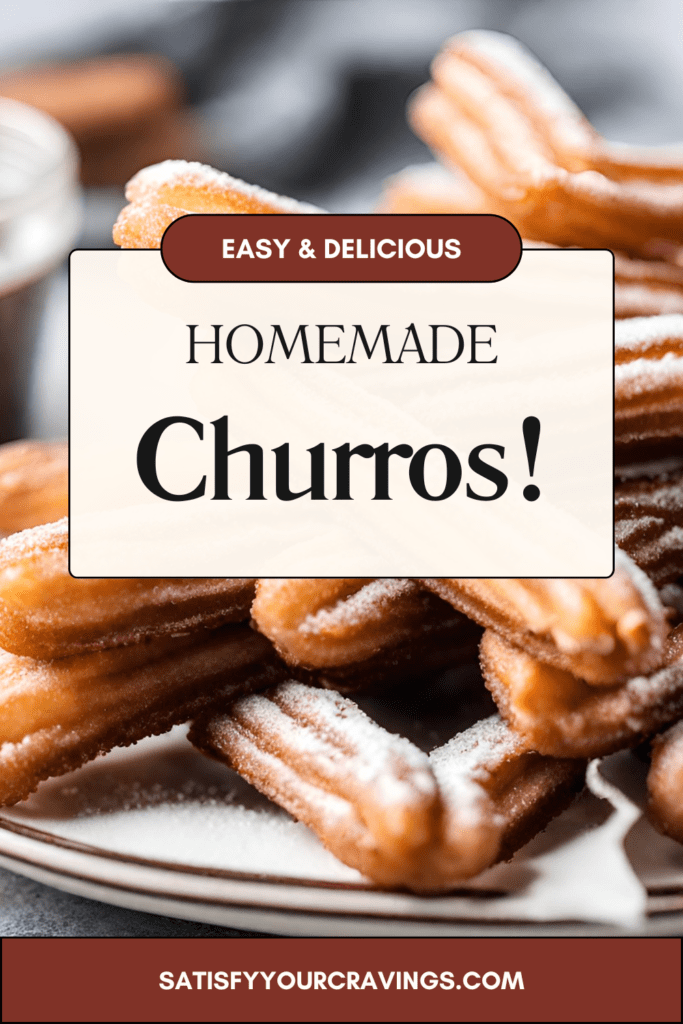 A plate of freshly made churros generously dusted with sugar, stacked crisscross with a subtle sheen indicating their crisp texture. In the background, there's a blurred small bowl, likely containing chocolate sauce for dipping. The churros have a deep golden-brown hue, suggesting they were perfectly fried to achieve a crunchy exterior while maintaining a soft interior. The plate sits on a gray surface, and the entire scene has a cozy, indulgent ambiance.