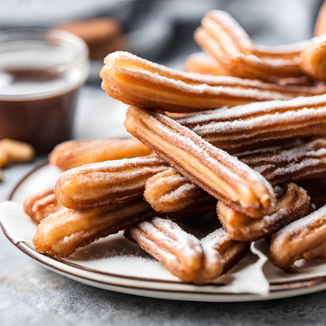 A plate of freshly made churros generously dusted with sugar, stacked crisscross with a subtle sheen indicating their crisp texture. In the background, there's a blurred small bowl, likely containing chocolate sauce for dipping. The churros have a deep golden-brown hue, suggesting they were perfectly fried to achieve a crunchy exterior while maintaining a soft interior. The plate sits on a gray surface, and the entire scene has a cozy, indulgent ambiance.