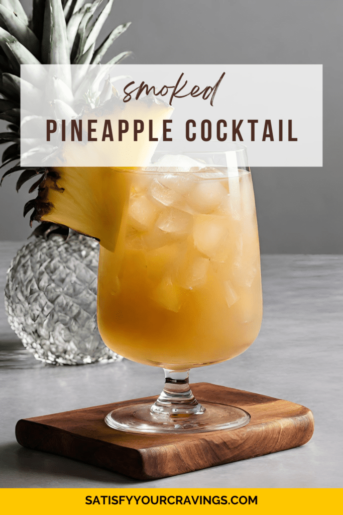 A refreshing pineapple cocktail in a clear glass filled with ice cubes, garnished with a large triangular slice of pineapple on the rim. The glass rests on a wooden coaster, and a textured pineapple decor piece is subtly visible in the background, set against a sleek grey countertop that contrasts with the vibrant yellow of the drink.