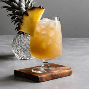 A refreshing pineapple cocktail in a clear glass filled with ice cubes, garnished with a large triangular slice of pineapple on the rim. The glass rests on a wooden coaster, and a textured pineapple decor piece is subtly visible in the background, set against a sleek grey countertop that contrasts with the vibrant yellow of the drink.