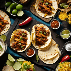 A delectable spread of Tacos al Pastor on a rustic wooden table. The soft corn tortillas are generously filled with succulent, marinated pork that has been grilled to perfection, showcasing caramelized edges and a savory glaze. Accompaniments include fresh lime wedges, a bowl of shredded cheese, salsa, sour cream, and a vibrant red chili pepper, adding a pop of color. The ingredients suggest a homemade and authentic Mexican meal, inviting and ready to be enjoyed.