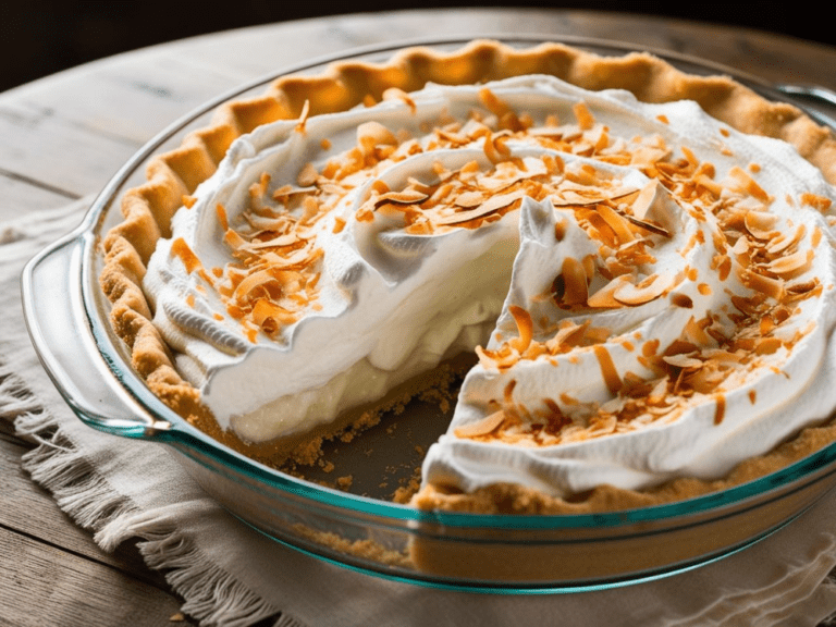 A coconut cream pie in a glass pie dish topped with whipped cream and toasted coconut, with one slice missing.