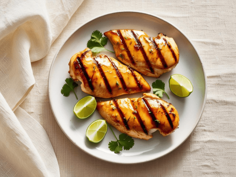 Overhead view of grilled margarita chicken breasts on a white plate with lime wedges and cilantro