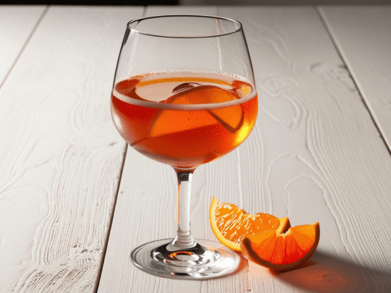 Aperol Spritz in a wine glass with orange slices on a white wood table.