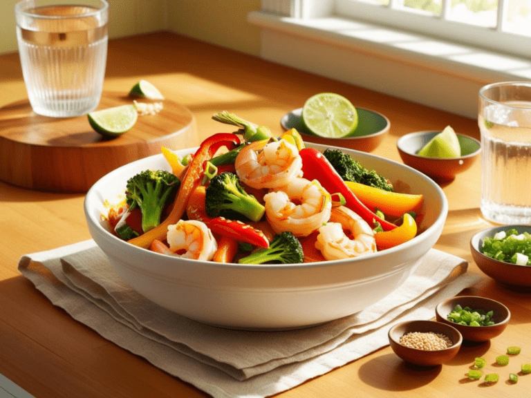 Garlic shrimp stir fry with broccoli and bell peppers in a white bowl on a linen cloth, with lime wedges and green onions in the background.
