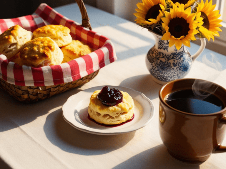 Fresh buttermilk biscuits in a basket with jam, coffee, and sunflowers on a breakfast table