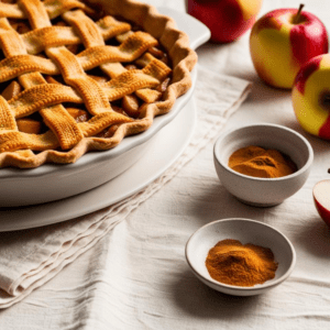 Fresh apple pie with a golden lattice crust, surrounded by apples and spices on a white linen.