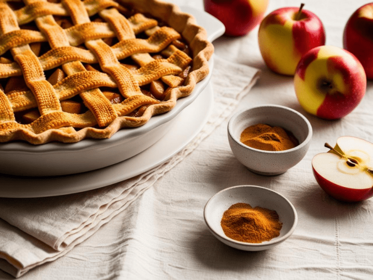 Fresh apple pie with a golden lattice crust, surrounded by apples and spices on a white linen.