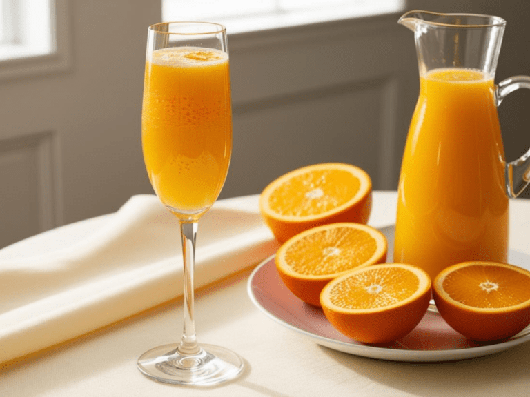 Champagne flute filled with mimosa next to a carafe of orange juice and fresh halved oranges on a round table.