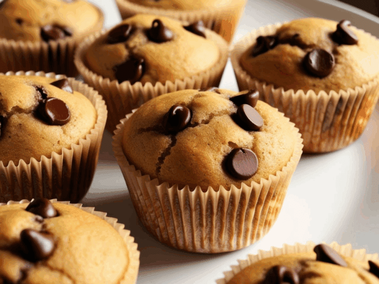 Close-up view of fluffy chocolate chip muffins in paper liners
