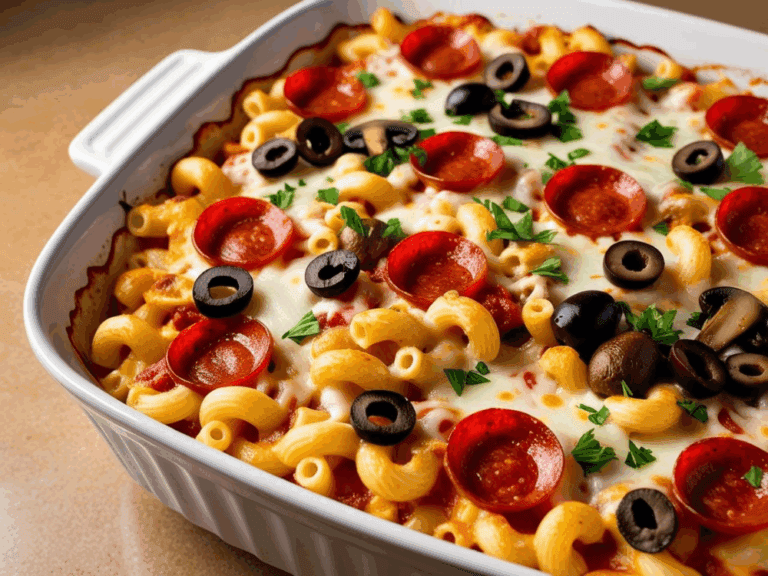 Close-up of freshly baked pizza mac and cheese in a white ceramic dish with pepperoni, black olives, and parsley.