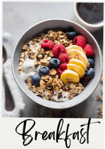 Close-up of a Muesli Breakfast Bowl with blueberries, raspberries, sliced bananas, and mixed nuts on a dollop of yogurt.