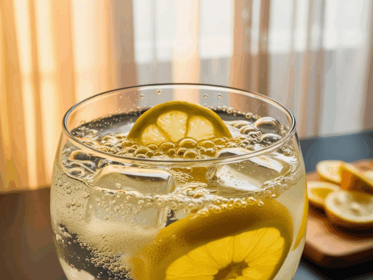 Close-up of a sparkling bitter lemon tonic with ice and lemon slices against sheer curtains