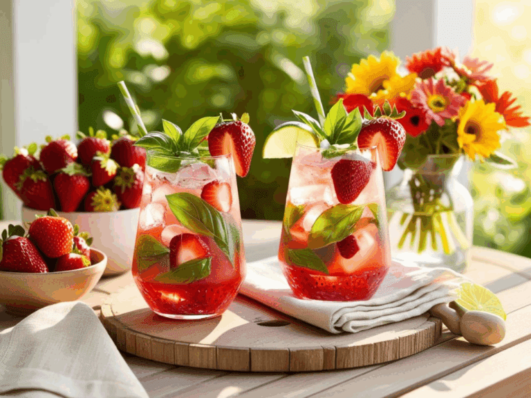 Two short glasses of strawberry basil mojito on a sunny patio table with fresh strawberries, lime wedges, and a vase of flowers.