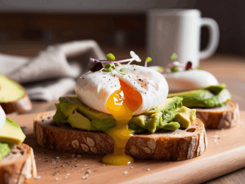 Poached egg with runny yolk on avocado toast topped with microgreens on seeded bread