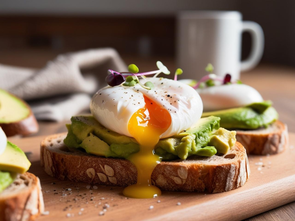 Poached egg with runny yolk on avocado toast topped with microgreens on seeded bread
