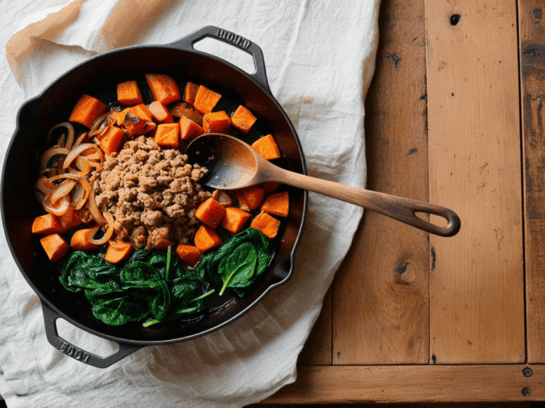 Overhead view of ground turkey, sweet potatoes, spinach, and onions in a black cast iron skillet on a rustic wooden table with a linen cloth.