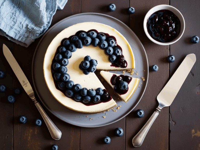 Overhead view of blueberry cheesecake with one slice served, surrounded by fresh blueberries and utensils on a dark wooden table.
