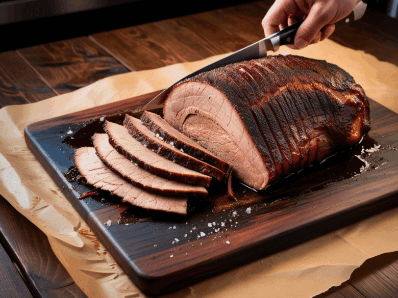 A hand slicing a juicy Texas-style smoked brisket on a wooden cutting board.