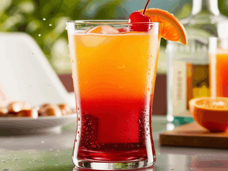 Tequila Sunrise cocktail in a highball glass with orange juice and grenadine layers, garnished with an orange wedge and maraschino cherry.