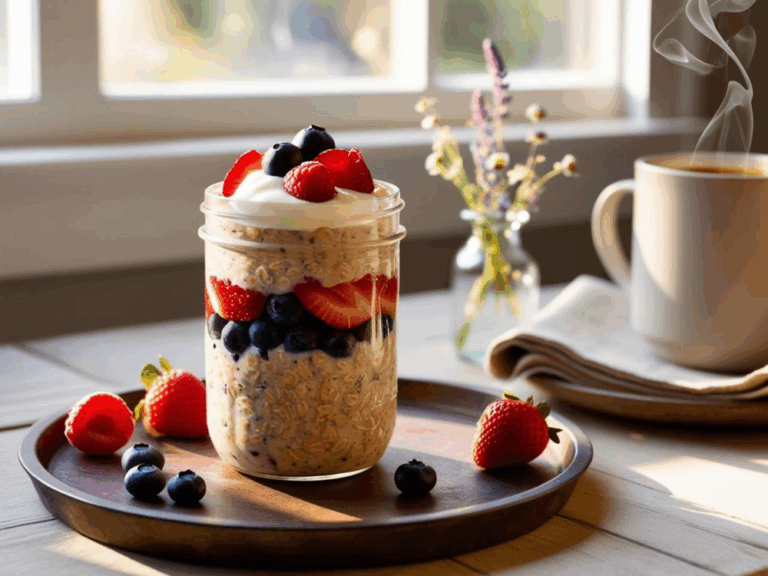 A glass jar with a teal lid filled with creamy overnight oats and berries, surrounded by two white ramekins of fresh fruit on a textured cream backdrop.