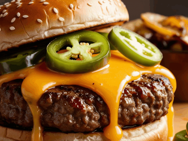 Close-up of a jalapeño cheeseburger with melted cheddar cheese dripping over a grilled beef patty.