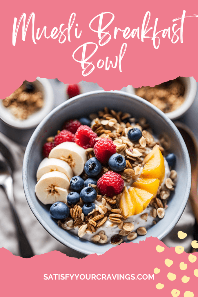 Delicious Muesli Breakfast Bowl topped with fresh bananas, raspberries, blueberries, and mango slices, sprinkled with almonds and pecans.