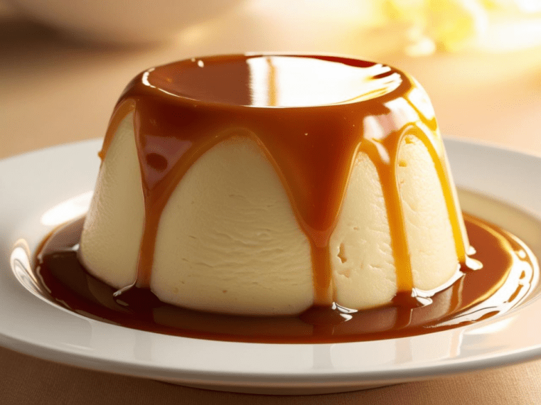 A tall flan with thick caramel sauce running down its sides, creating a glossy finish.