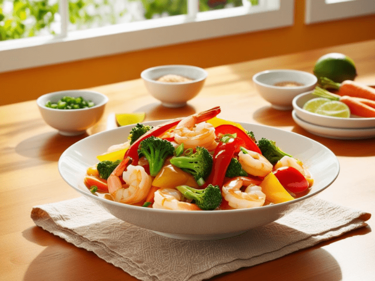 Colorful garlic shrimp stir fry served in a wide white dish with sliced bell peppers and broccoli, surrounded by summer produce and bright window light.