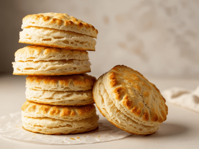 Stack of flaky buttermilk biscuits on parchment with a warm neutral background
