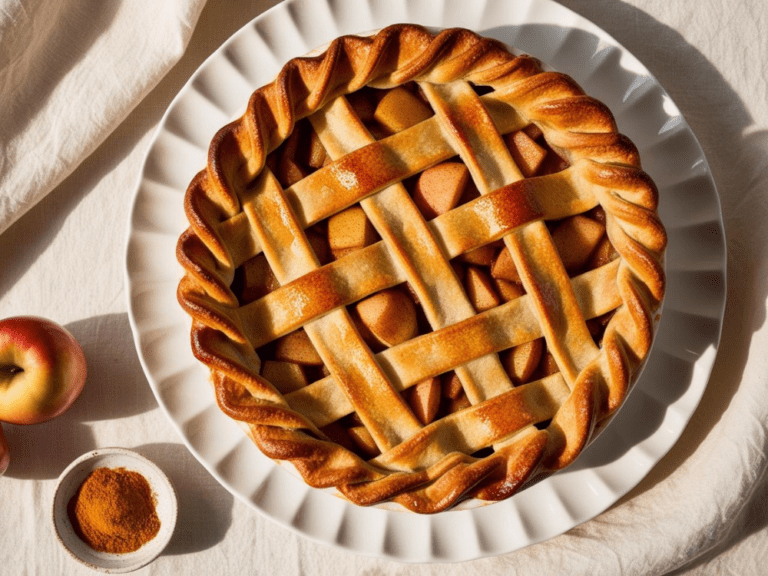 Overhead shot of a baked apple pie with braided crust on a white plate, styled with apples and spices.