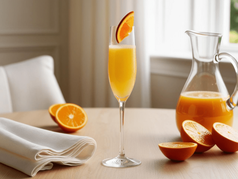 Mimosa in a champagne flute garnished with an orange slice beside a glass carafe and halved oranges on a wooden table.