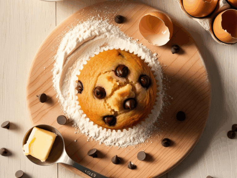 Chocolate chip muffin on wooden board surrounded by flour, butter, and chocolate chips