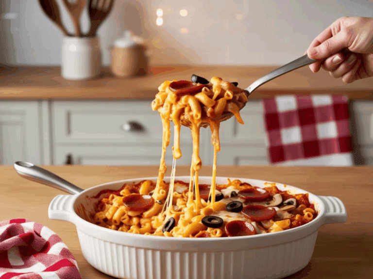 Spoon lifting a gooey serving of pizza mac and cheese from a baking dish in a cozy kitchen.