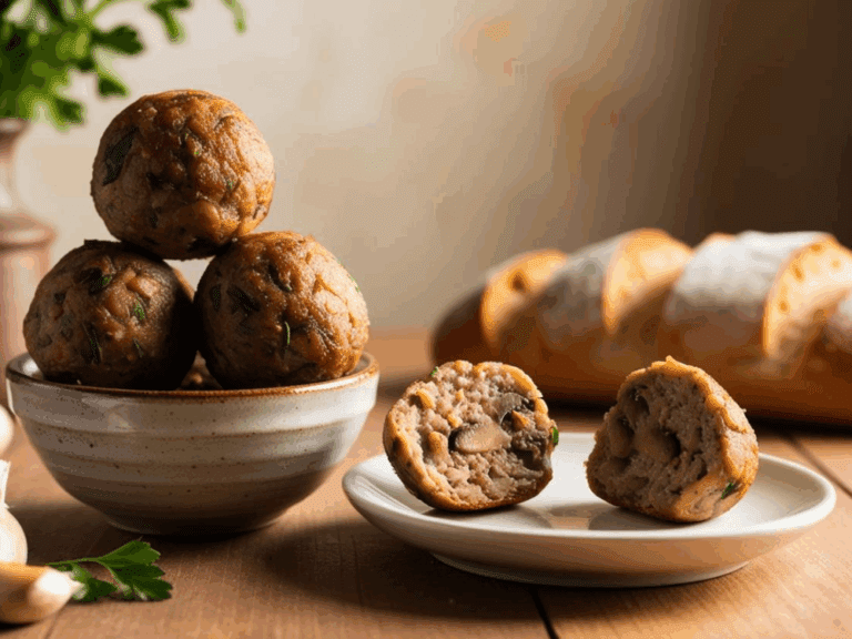 Bowl of vegetarian mushroom meatballs with sliced loaf and a cut-open meatball on a small plate