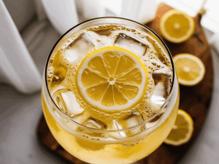 Overhead view of a lemon tonic with ice cubes and a lemon wheel, set on a wooden board