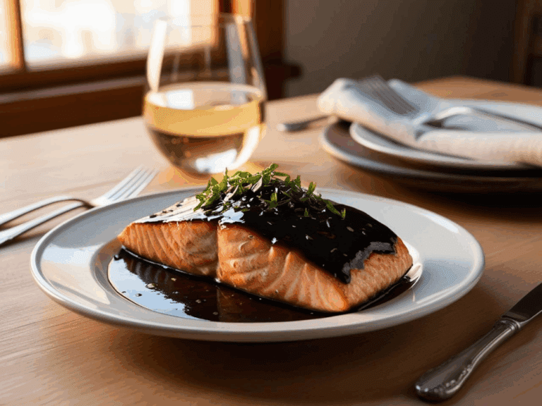 Balsamic glazed salmon on a plate beside a glass of white wine, with cutlery and napkin folded neatly
