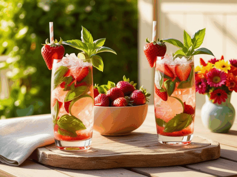 Tall glasses of strawberry basil mojito garnished with whole strawberries, basil leaves, and lime, placed on a rustic wood board.