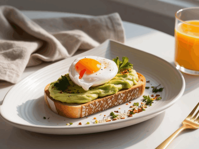 Poached egg on avocado toast with herbs, chili flakes, and orange juice in the background