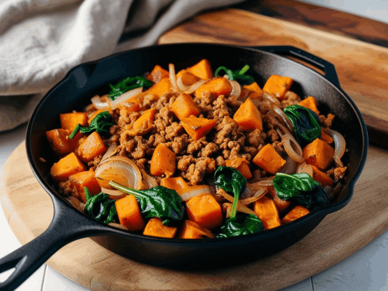 Side angle view of ground turkey, sautéed onions, sweet potatoes, and spinach in a black skillet on a wooden cutting board.