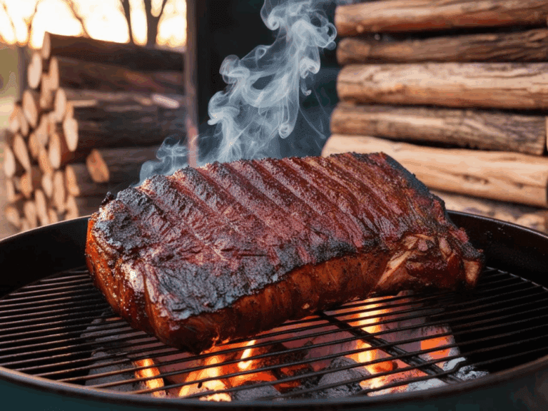 A whole brisket smoking over an open flame with stacked wood in the background.