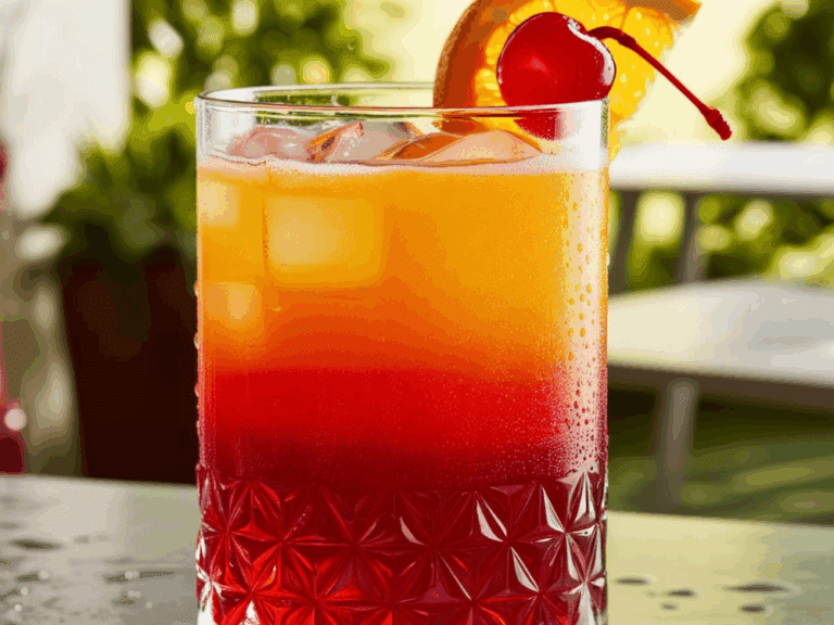 Close-up of a Tequila Sunrise in a textured glass, showing a rich red base and golden-orange top, garnished with an orange slice and cherry.