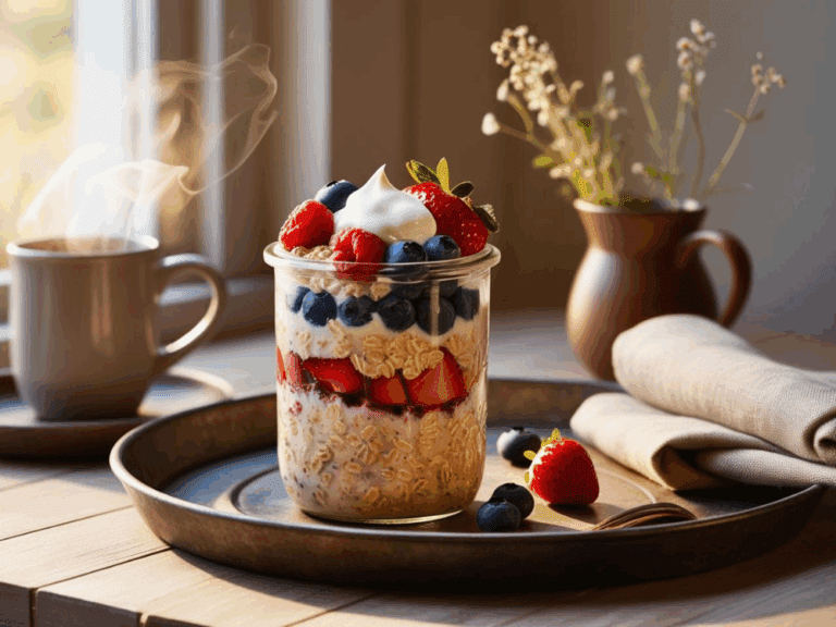 Close-up top view of overnight oats topped with blueberries, raspberries, and a sliced strawberry, next to a ramekin of berries and a spoon.