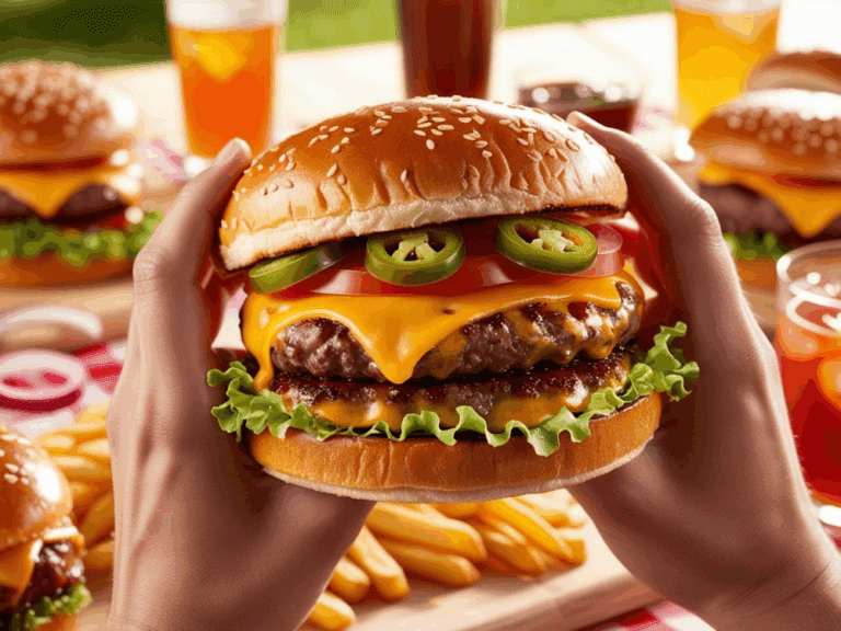 Hands holding a fully loaded jalapeño cheeseburger with lettuce, tomato, jalapeños, and cheddar cheese.