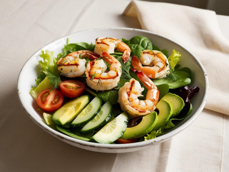 Grilled shrimp salad with cucumbers, avocado, cherry tomatoes, and fresh dill on a white plate.