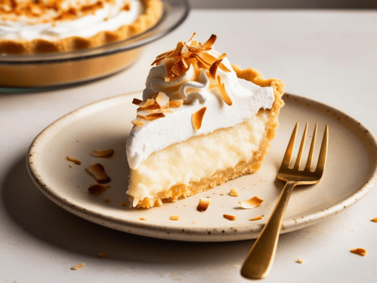 A plated slice of coconut cream pie with whipped cream and toasted coconut on top, next to a gold fork.