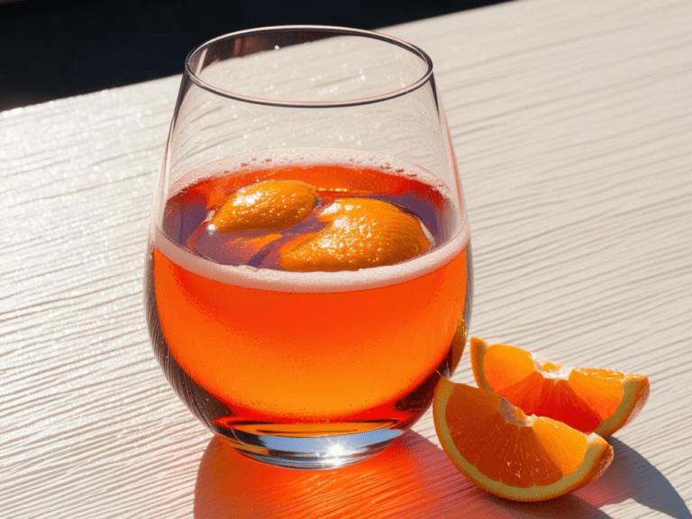 Close-up of Aperol Spritz in a rounded glass with floating orange slices.