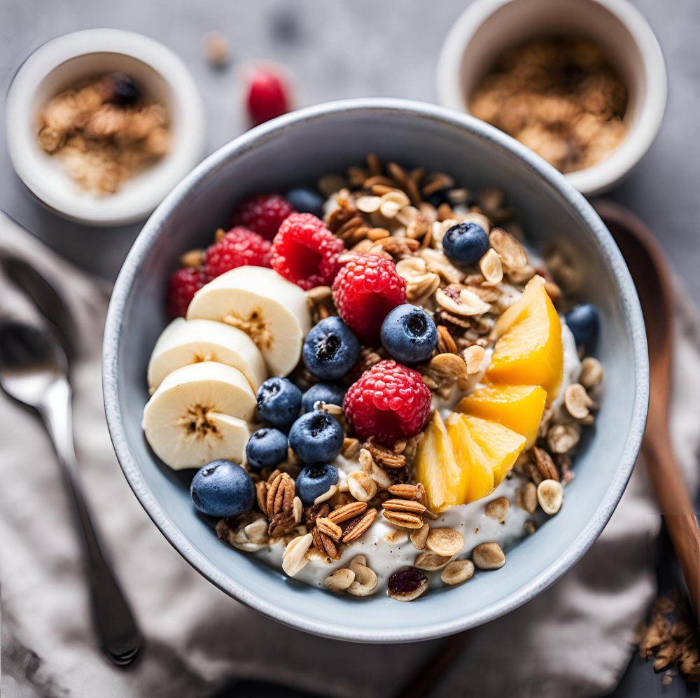 Delicious Muesli Breakfast Bowl topped with fresh bananas, raspberries, blueberries, and mango slices, sprinkled with almonds and pecans.