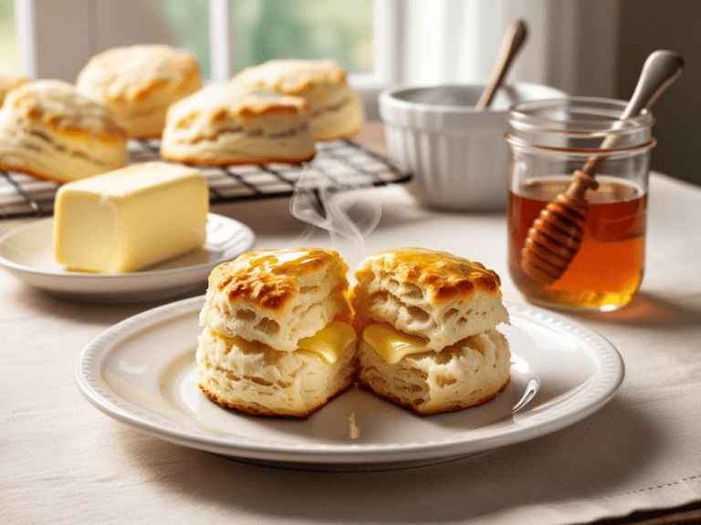 Buttermilk biscuit split open with melting butter and honey, with cooling rack and butter dish in background