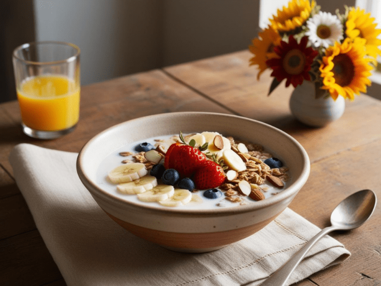 Rustic table with a muesli bowl, orange juice, spoon, and vase of flowers near a window